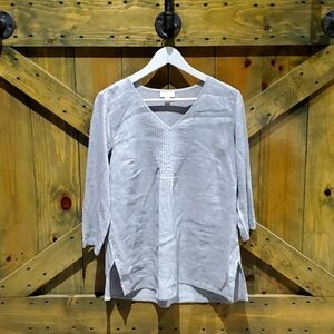 MEDIUM J JILL LOVE LINEN GREY V NECK 3/4 SLEEVE PULLOVER BLOUSE PEASANT TUNIC